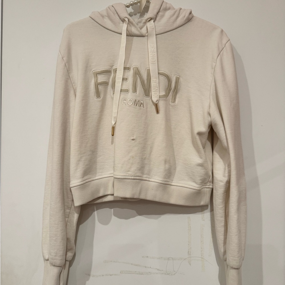 Fendi Women's Cream Embossed Logo Hoodie